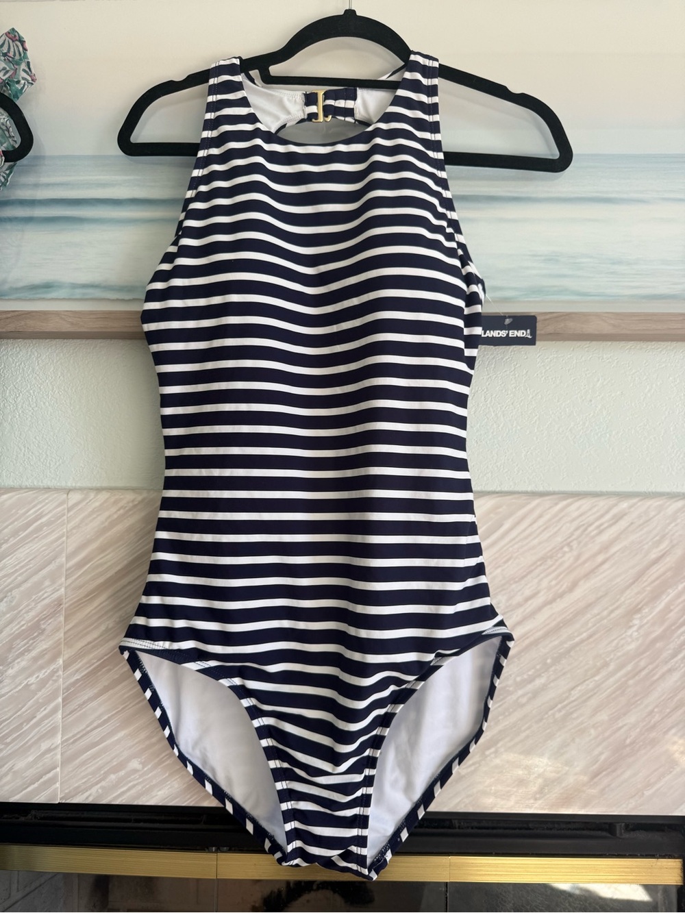 Lands' End Navy & White Striped One-Piece Swimsuit nwt